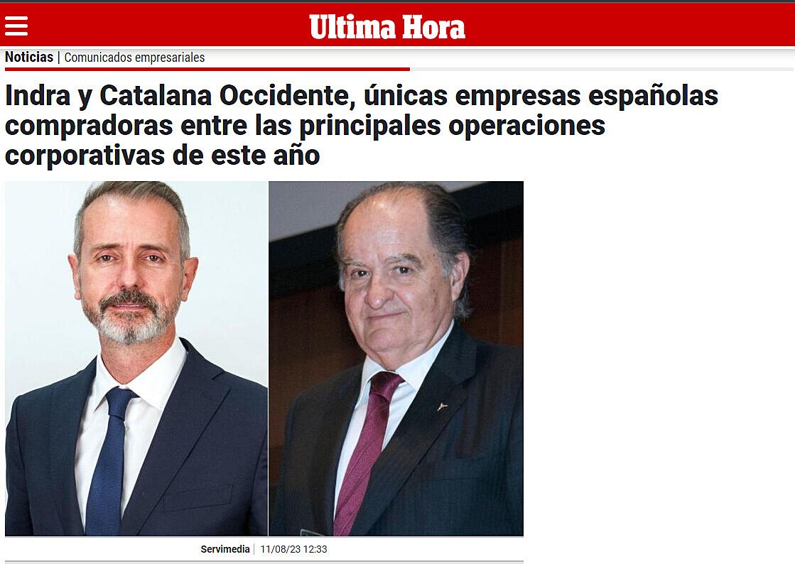 Indra y Catalana Occidente, nicas empresas espaolas compradoras entre las principales operaciones corporativas de este ao